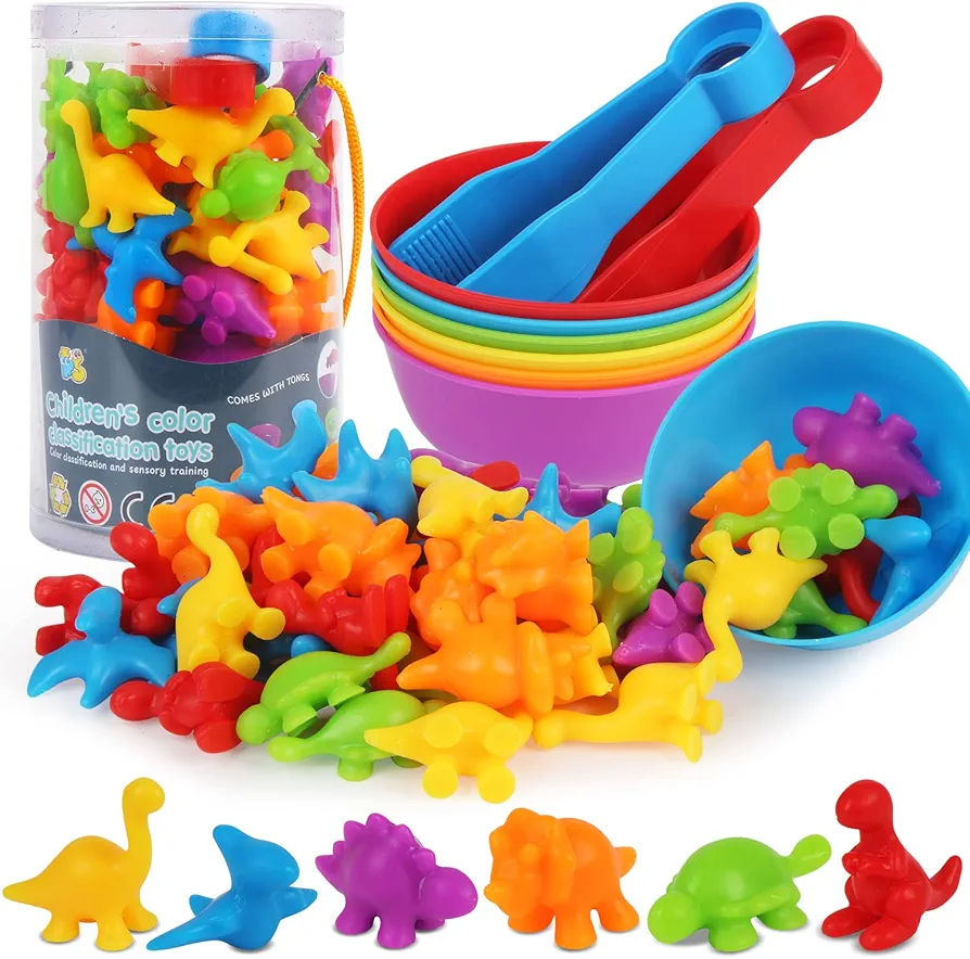 LOKIPA Counting Dinosaurs Toys Matching Game with Rainbow Sorting Cups, Color Sorting Set Preschool Learning Activities Education Toys for Toddlers Kids Ages 3 Years and Up