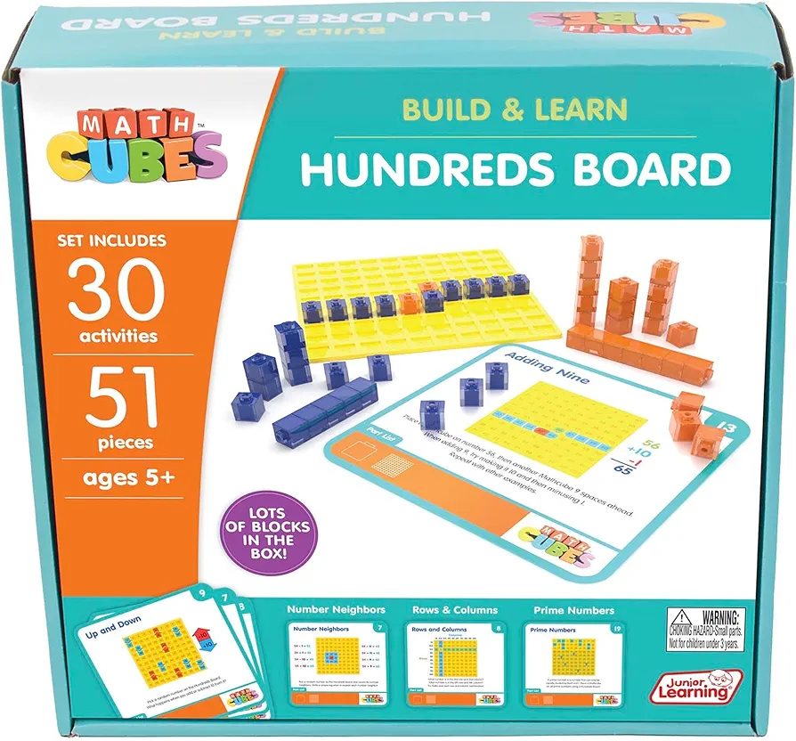 Junior Learning: Mathcubes - Hundreds Board - 30 Activity Set, Build & Learn, Blocks & Boards Hands On Math, Developmental & Education Set, Kids Ages 4+