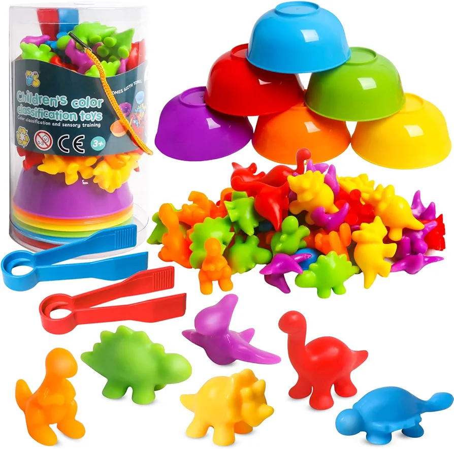 Counting Dinosaur Toys Matching Games with Sorting Bowls Sorting Toys for Toddlers Preschool Learning Activities for Math Color Sensory Montessori Fine Motor Skills Toys for 3 4 5 Years Old Boys Girls