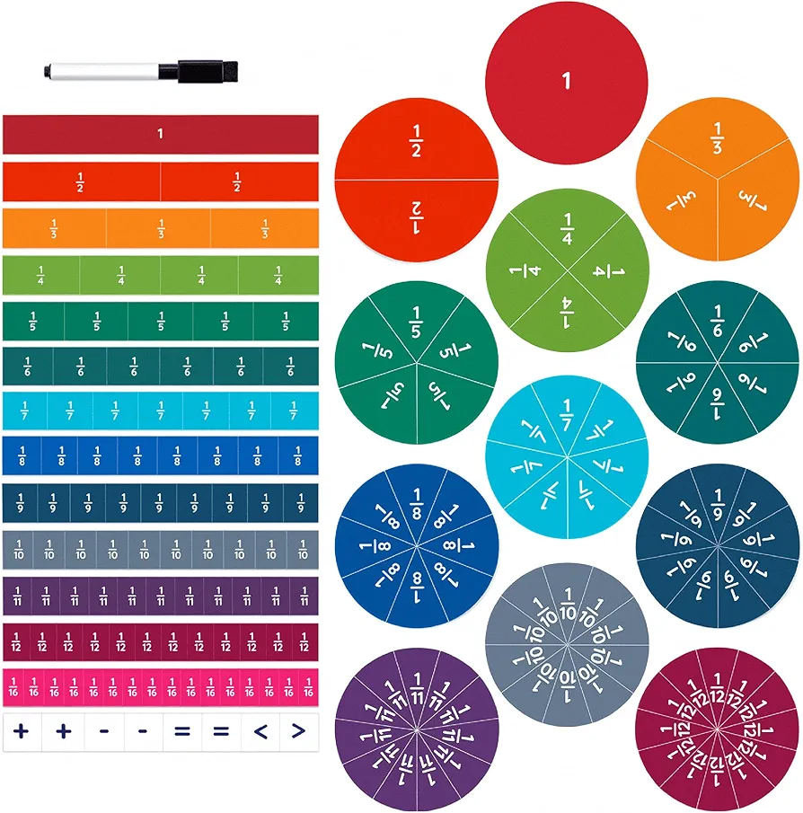 Oyster&Pop Magnetic Fraction Tiles & Circles - 180pcs Rainbow Math Manipulatives Set with Bonus Symbol Magnets for Elementary School Classroom - Makes Learning Fractions Easy for Kids