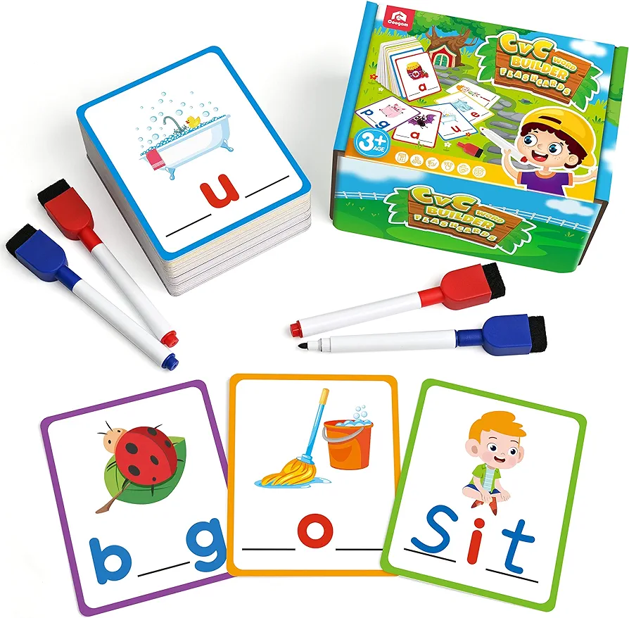 Coogam CVC Sight Words Flashcards, Short Vowel Spelling Game, Preschool Kids Learning Sight Words Supplies, Montessori Educational Writing Reading Toy Gift for 3 4 5 Years Old