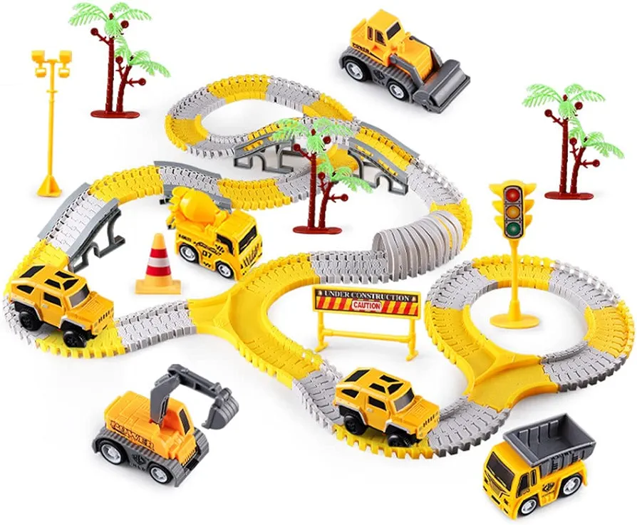 305PCS Construction Race Tracks for Kids Toys, 2 Electric Toy Cars,4Construction Cars, DIY Collage Flexible Track Toys Set, Kids Gifts for 3-8 Year Old Boys and Girls Toys