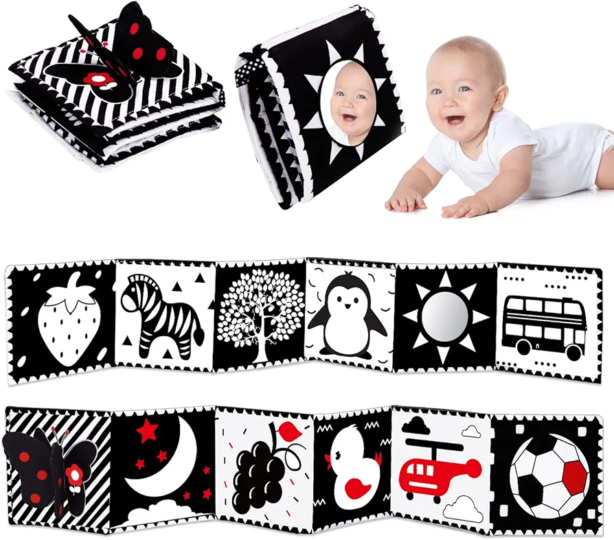 Black and White High Contrast Baby Toys 0-6 6-12 Months Soft Book for Newborn Brain Development Tummy Time Toys Infant Sensory Crinkle Toys 0-3 3-6 Month Montessori Learning Activities for Babies