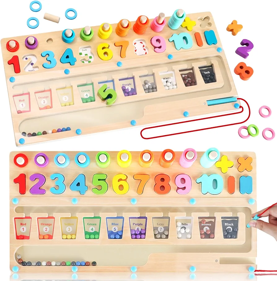 3 in 1 Montessori Toys for 3+ Year Old, Education Toys for Preschool Learning Activities, Wooden Magnetic Color and Number Maze, Sorting Counting Color Matching Toddler Puzzle