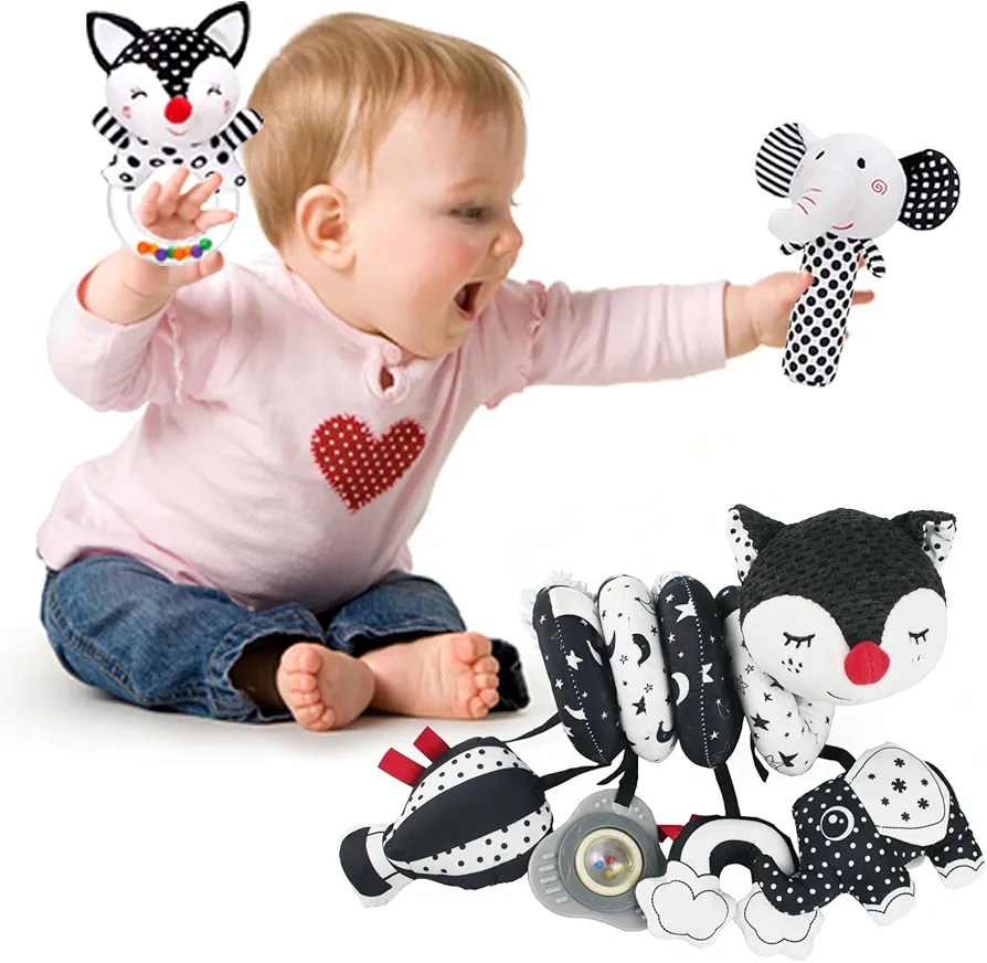 Car Seat Toys, Infant Baby Black White Fox Stroller Toy Stretch & Spiral Activity Toy, Hanging Toys for Car Seat Crib Mobile, Newborn Sensory Toy Best Babies Gift for 0 3 6 9 12 Months