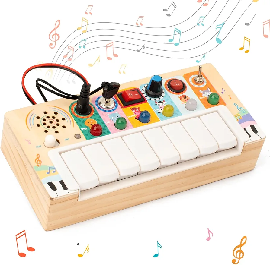 Busy edition Busy Board for Toddlers 2-4, Montessori Toys for 1 Year Old with 6 Led Light Switch, Wooden Baby Piano and Musical Instruments for Toddlers 1-3