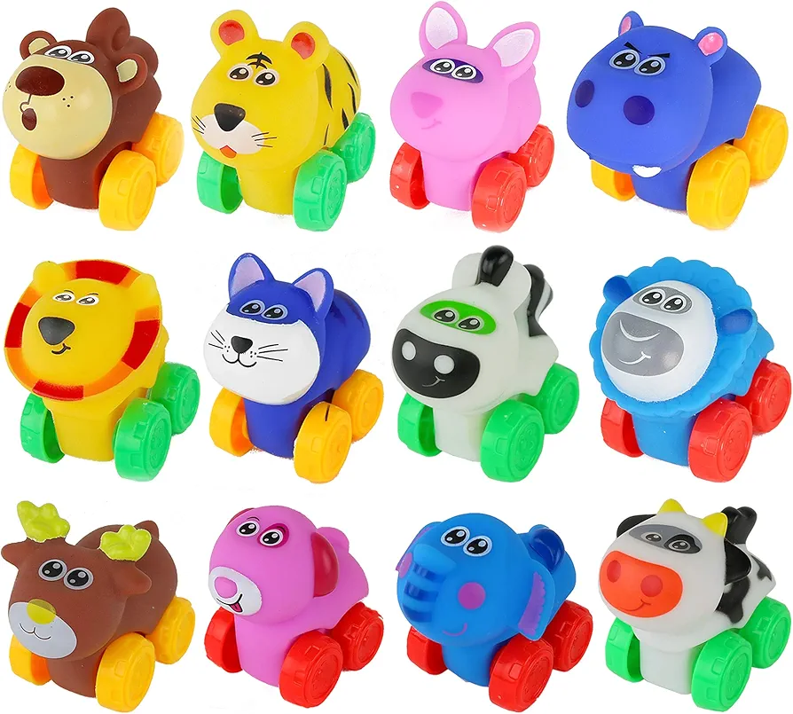 Big Mo's Toys Animal Cars - Soft Rubber Cartoon Animal Push Toy Vehicles for Babies and Toddlers - Pack of 12