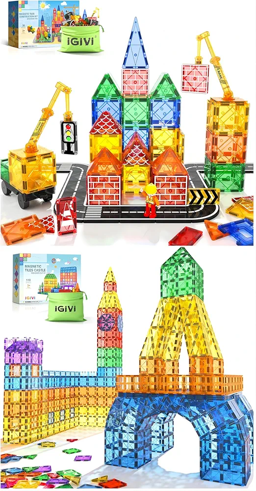 Magnetic Tiles Construction Set with Magnet Crane Car Toys,118PCS Magnet Building Blocks, Kids Toys for Ages 5-7, STEM Construction Toys for Toddlers, Birthday for 3 4 5 6 7 8 Year Old Boys and Girls