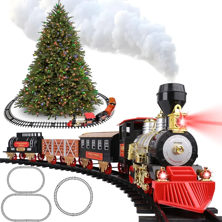 Roxie Holiday Train Set for Kids Adults with Smokes, Lights and Sounds, Christmas Train Toy Railway Kits with Steam Locomotive Engine, Cargo Car and Tracks for Under The Tree Gifts for Boys Girls Red