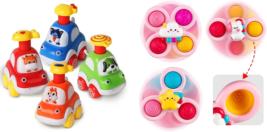 ALASOU 4 PCS Animal Car Toys and 3 PCS Suction Cup Spinner Toys for Infant and Toddlers