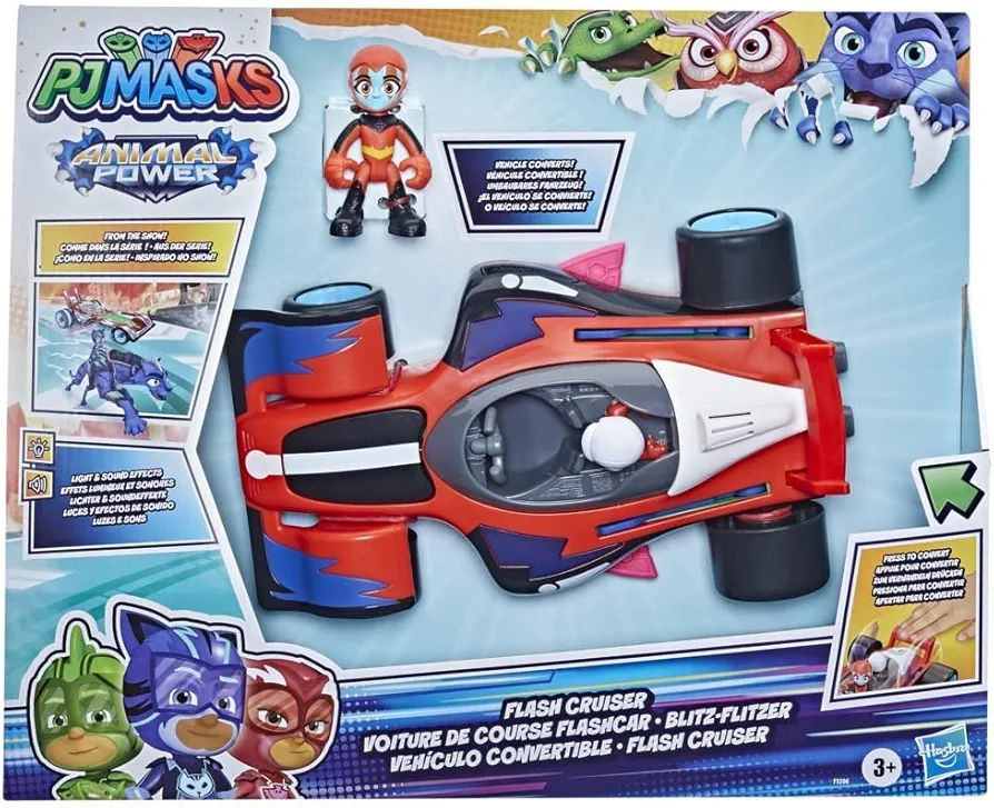 PJ Masks Animal Power Flash Cruiser, Converting Toy Car with Lights, Sounds and Action Figure, Superhero Toys, Preschool Toys for 3 Year Old Boys and Girls and Up