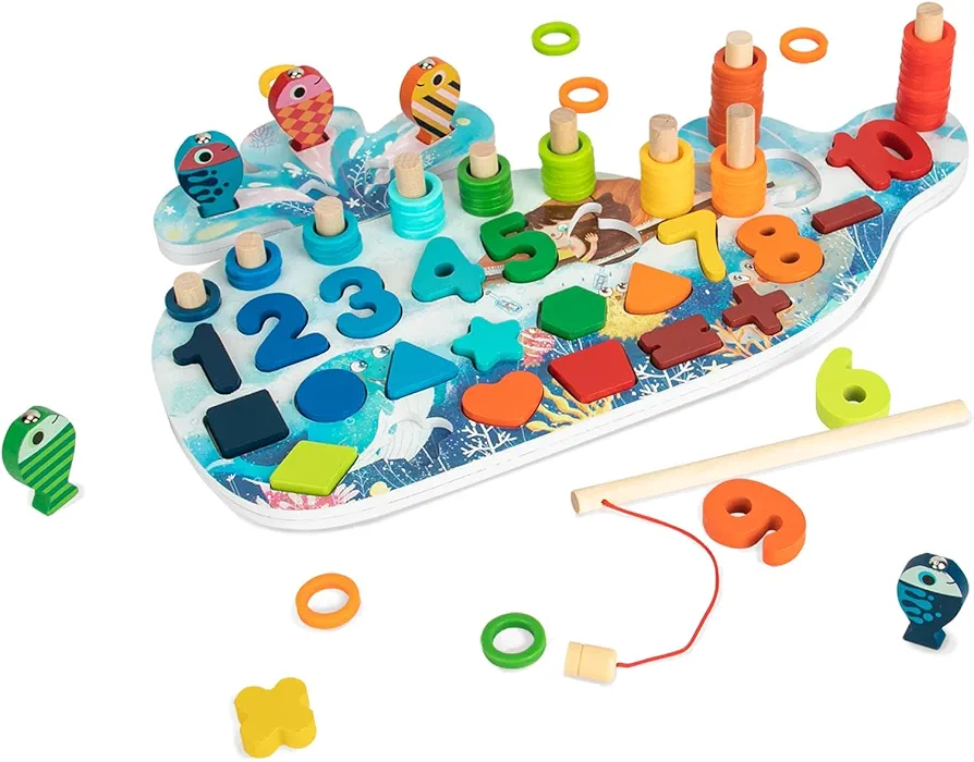 Wooden Fishing Toy, Montessori with Numbers, Fish Catching Counting Games Math Educational Learning, Preschool Gift for Toddlers 3+ Years Old