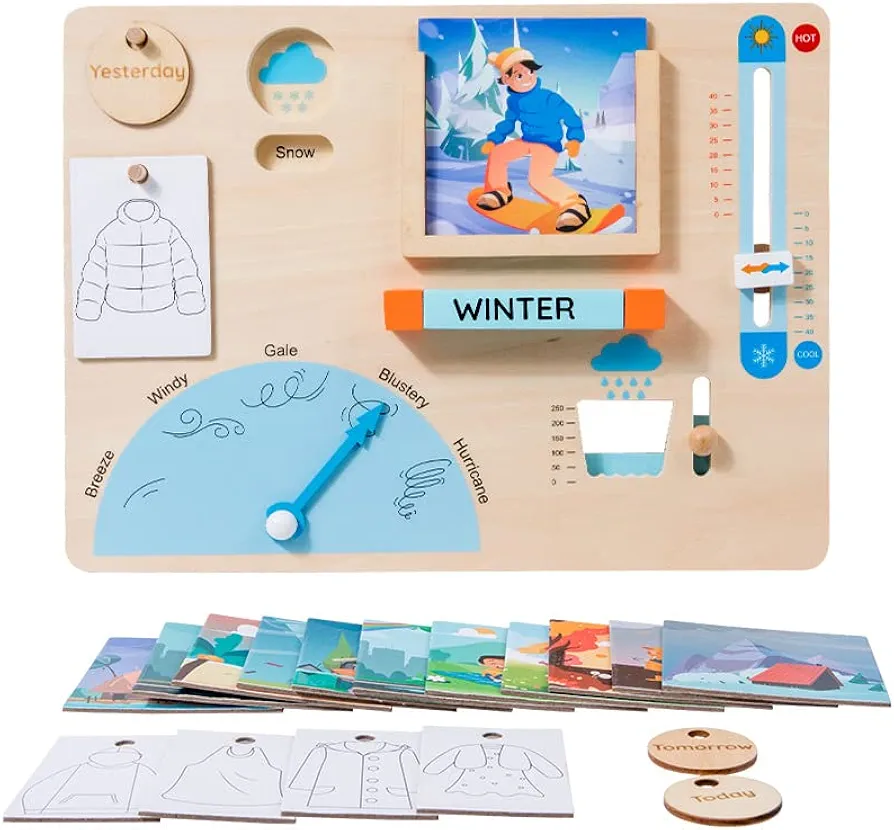 Wooden Weather Station Cognitive Board with 17 Cards-Climate Teaching Toy,Weather Board for Toddlers Learning Knowledge of Daily Weather Changes,Gifts for Girls Boys,Wooden Toys for 3,4,5 Years Old