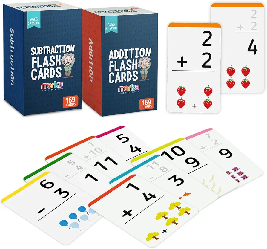 merka Educational Math Flash Cards: Learning & Toy Card Game for Kids, Mastering Mathematics, For Classroom & Homeschool Use, 2 Sets with 169 Cards Each, For 1st to 4th Graders, Addition & Subtraction