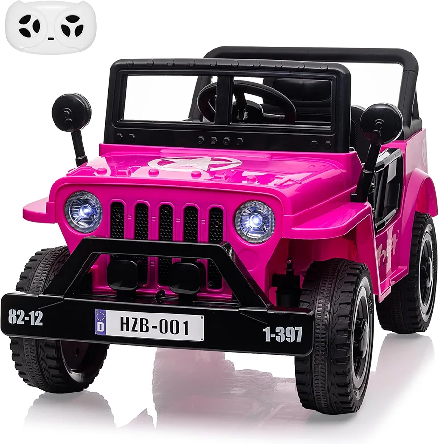 12V Ride on Truck Car for Kids, Electric Ride on Car with Remote Control, MP3, LED Lights, Double Doors, Safety Belt, Ride on Toy for Boys Girls, Pink