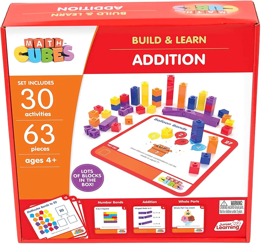 Junior Learning: Mathcubes - Addition - 30 Activity Set, Build & Learn, Blocks & Boards Hands On Math, Developmental & Education Set, Kids Ages 4+