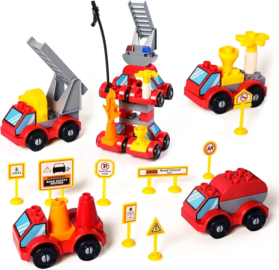 67 Pcs Fire Rescue Vehicles Building Blocks Set,4 Different Mini Fire Rescue Cars,4 In 1 Fire Truck Building Toy,Robot Brick Set for Goodie Bags,Prizes,Birthday Gift,Party Favor for Kids Boys Girls