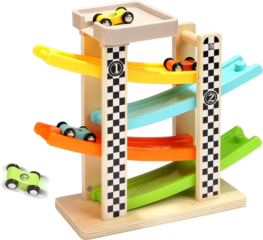 Toddler Toys for 1 2 Year Old Boy and Girl Gifts Wooden Race Track Car Ramp Racer with 4 Mini Car