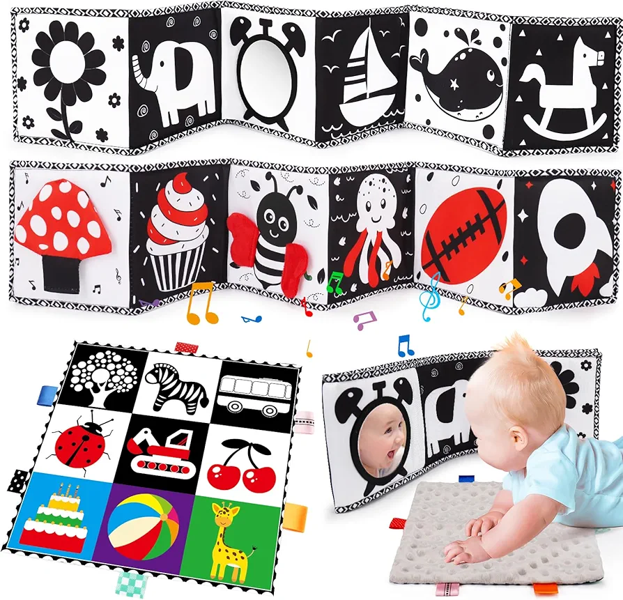 2 PCS Black and White High Contrast Baby Toys 0-6 Months Soft Crinkle Book for Early Education Montessori Sensory Toys for Newborn Brain Development Tummy Time Mirror Infant Toys 6-12 Months Gifts