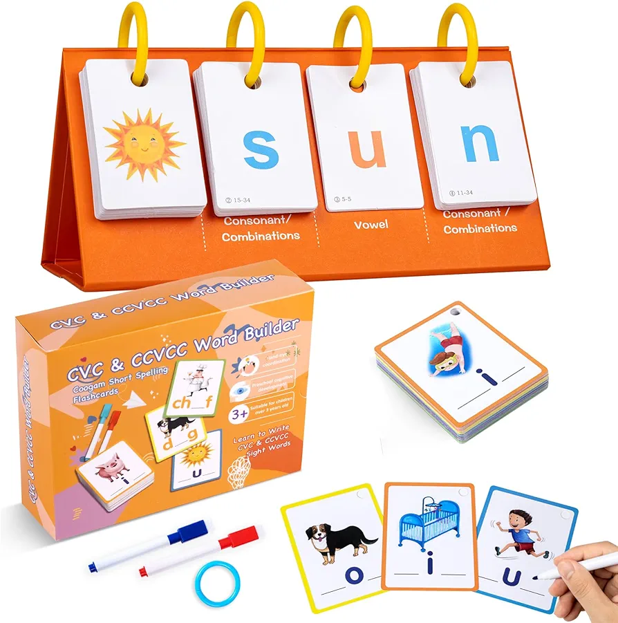 CVC Word Builders Games Phonics Flash Cards, Sight Words Short Vowel Spelling Flashcards, Learn to Read Phonics Games for Toddlers Ages 3-6