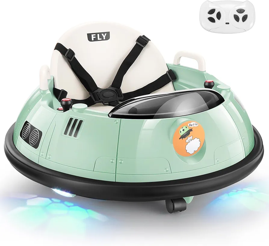 Hikole Bumper Car for Toddler 1.5- Years Old W/Remote Control, Ride on Bumper Car for Baby Boys Girls 1-3 with 5-Point Harness, Flashing LED Light, 360 Degree Spin, 12V Gift Electric Bumper Car, Green