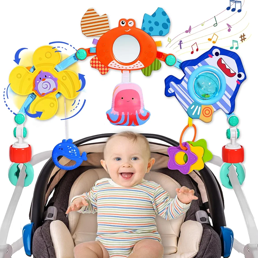 Baby Stroller Arch Toy Car Seat Toys Activity Mobile Musical Toys Ideal for Infant Boys Girls Sleep Baby Travel Toy Arch for Baby 0-24 Months-Crab