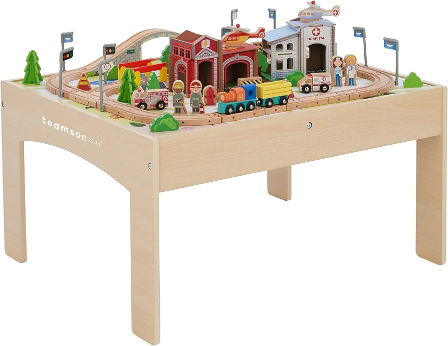 Teamson Kids Train Table Set with 85 Pieces, Preschool Play Lab Activity Table with Wooden Trains, Cars, Railroad, Town Scenery, & More for Kids & Toddlers, Wood Color