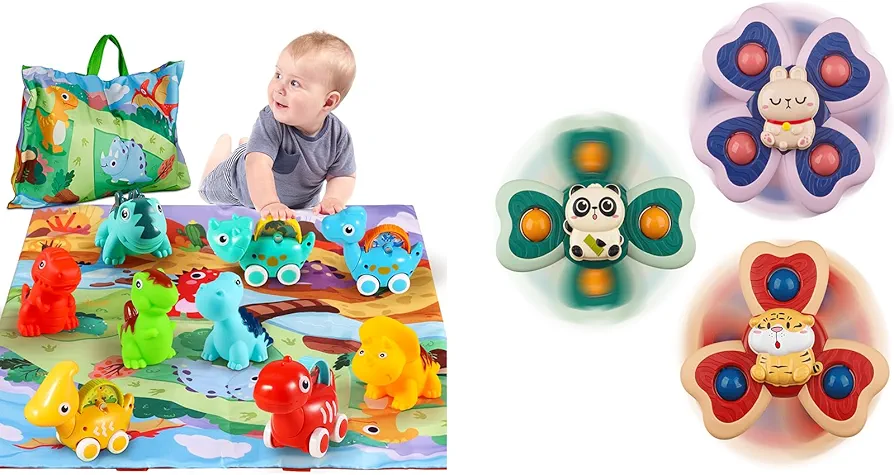 ALASOU 9 PCS Dinosaur Car Toys with Playmat and 3 PCS Suction Cup Spinner Toys for Infant and Toddlers