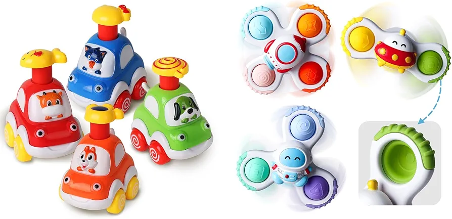 ALASOU 4 PCS Animal Car Toys and 3 PCS Suction Cup Spinner Toys for Infant and Toddlers