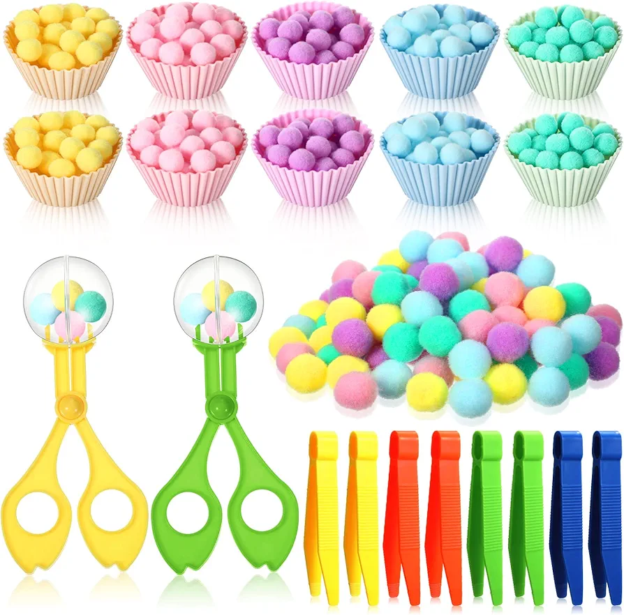 120 Pcs Fine Motor Toys Counting Sorting Sensory Bin Filler Counting Set 100 Pcs Colorful Plush Ball 8 Pcs Tweezers 2 Pcs Scissors Clips 10 Pcs Cups for Early Education and Counting Sorting Training