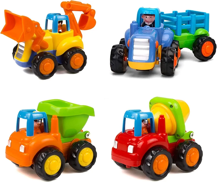 Friction Powered Cars Push and Go Trucks Construction Vehicles Toys Set of Tractor Bulldozer Dump Truck Cement Mixer for Baby Toddlers Infants Boys Gifts