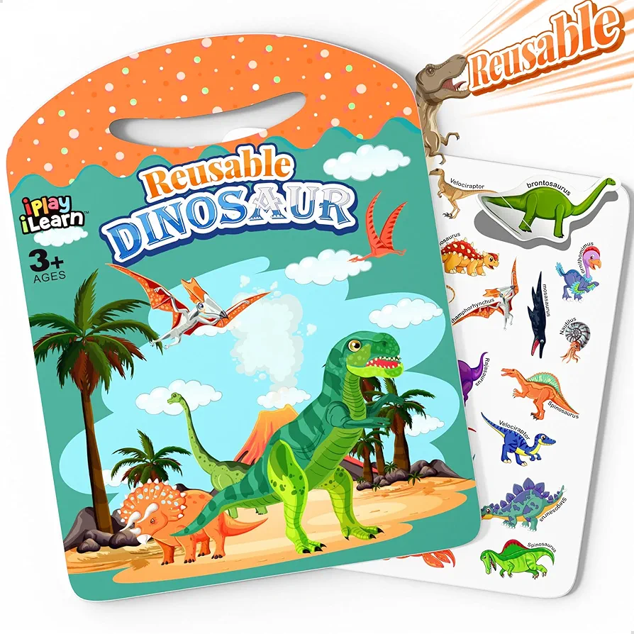 iPlay, iLearn Dinosaur Sticker Book for Kids, Toddler Reusable PuffyStickers Busy Book, Preschool Learning Avtivity Toy, Birthday Party Travel Gifts for 3 4 5 6 7 8 Year Old Boys Girls