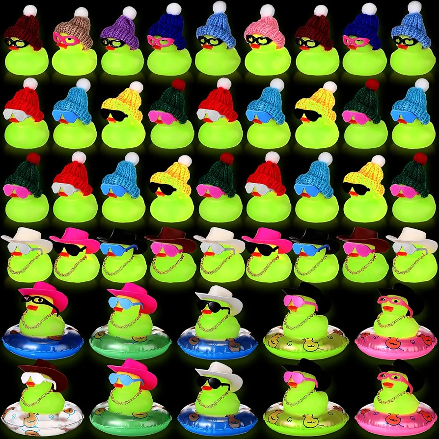 Sratte 140 Pcs Glow in The Dark Rubber Ducks Mini Luminous Light up Rubber Duck Bulk Fluorescent Bath Toy Assorted Duck Sunglasses Necklace Swim Circle Hat for Summer Baby Shower Birthday Party