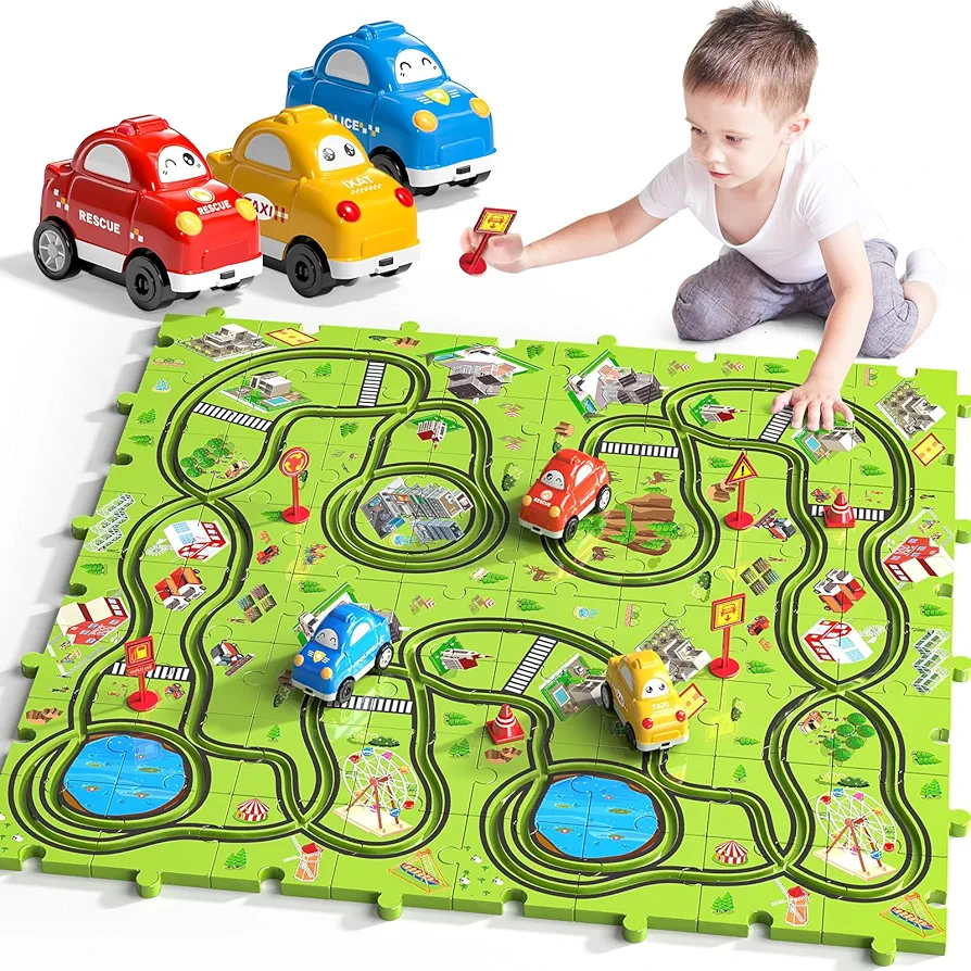 TEMI 64 PCS New Plastic Puzzles, car Tracks playset for Kids Ages 3-5 with 3 Cute Vehicle, Toddler Puzzle Track Play Set Gift, Thinking Educational Toys, Toys for 4 5 6 Year Old Boys Girls