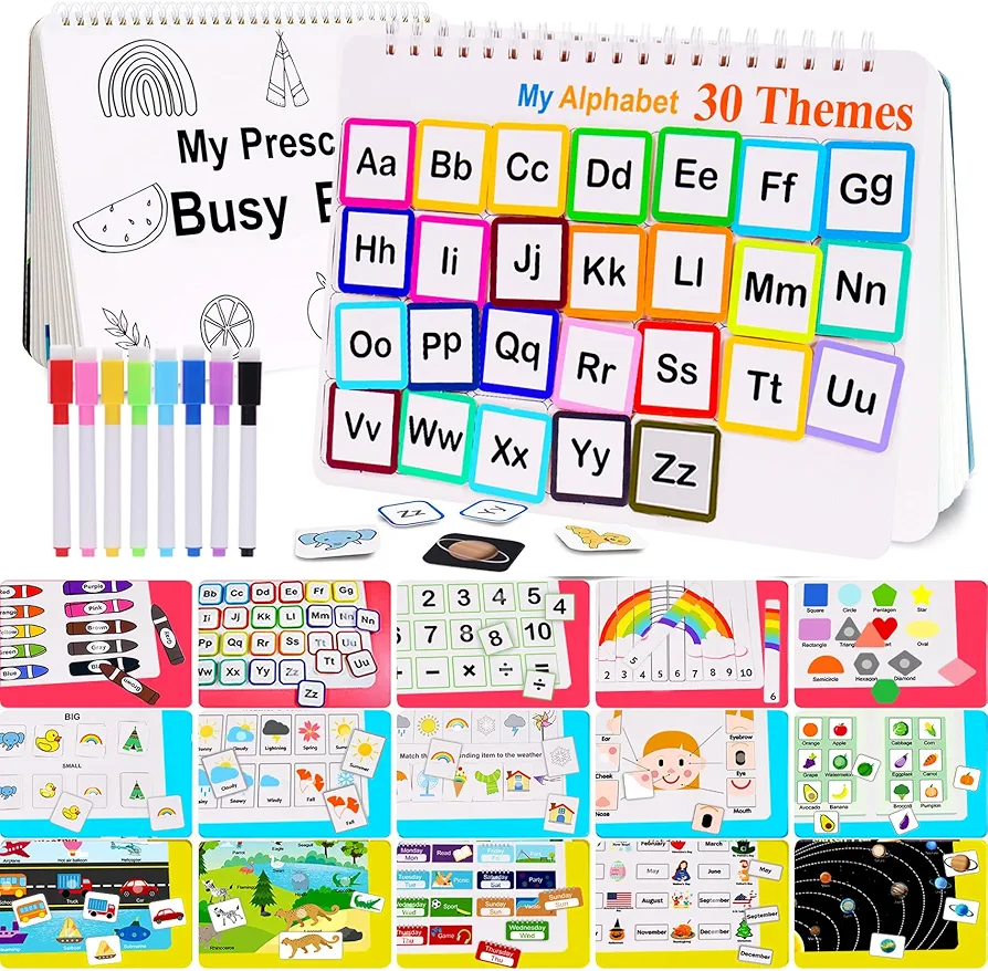 Busy Book for Kids, Montessori Preschool Learning Activities,30 Themes Book with 8 Marker, Workbook Activity Binder/Toys for Toddlers 1-3, Autism Learning Materials and Tracing Coloring Book