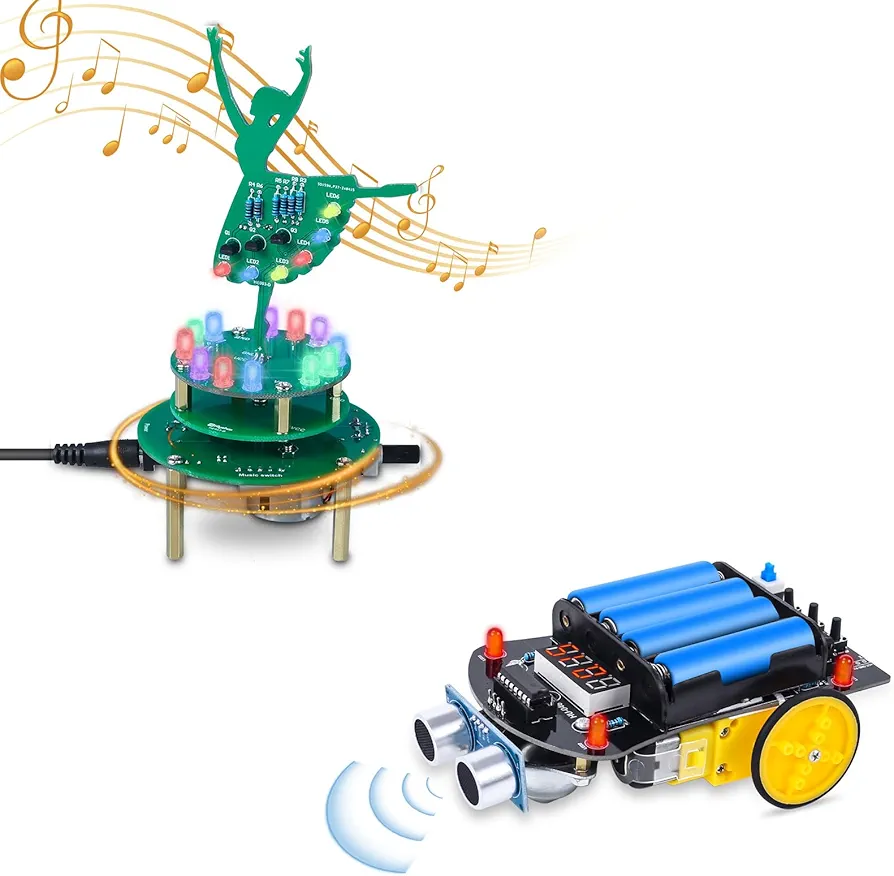 MiOYOOW Ultrasonic Obstacle Avoidance Smart Car Kit and RGB LED Rotating Ballerina Girl Music Box DIY Kit, Electronic Soldering Practice Kit for College High School Education