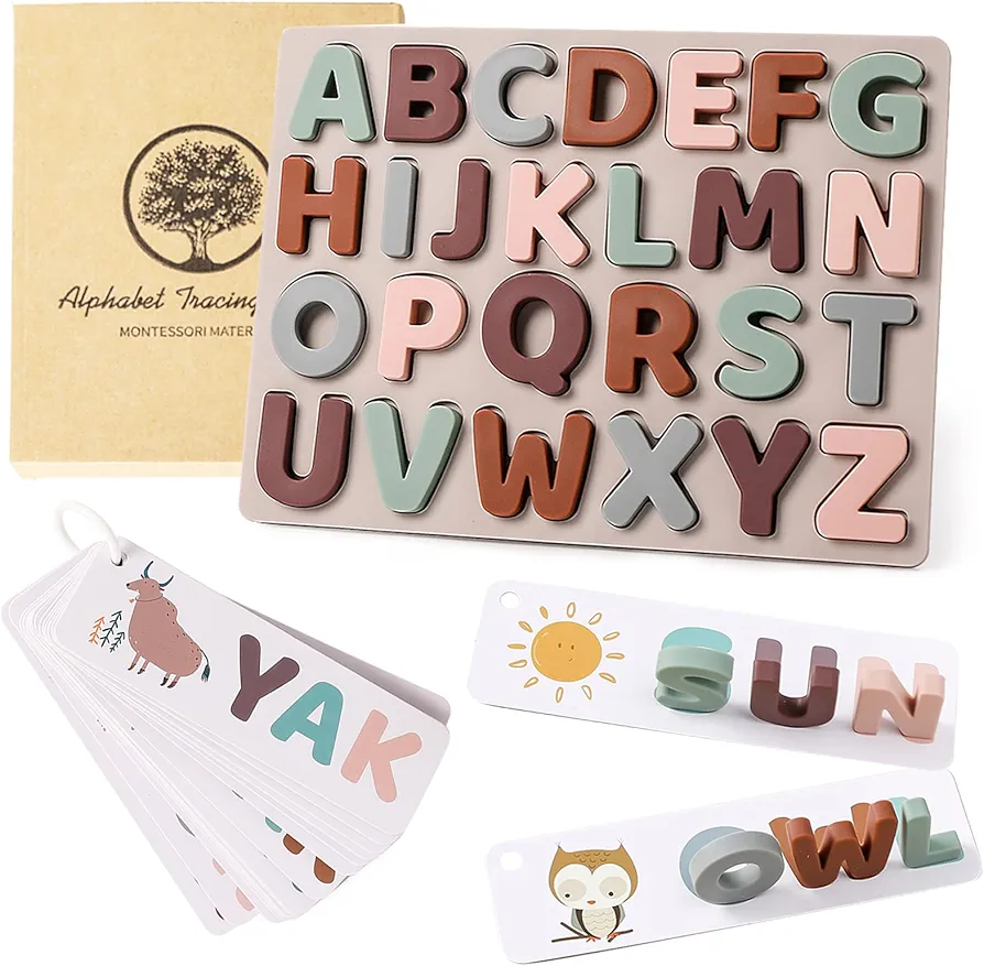 Silicone Alphabet Puzzle, ABC Puzzle Alphabet Toys Set with 26PCS Flash Cards & Soft Letter Puzzles Spelling Early Education ABC Learning Toy for Boys Girls