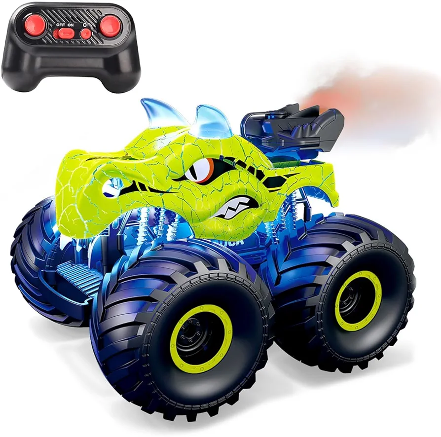 Threeking 1:18 Dinosaur RC Car Remote Control Cars Trucks Toy 4WD Off-Road Car Toys with Lights Spray Suitable for All Terrain Gifts Presents for Boys/Girls Ages 6+ Green