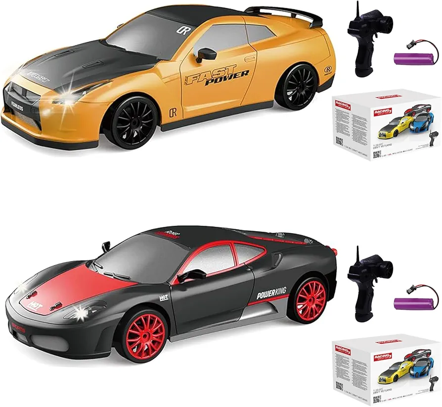 2PCS RC Drift Car 2.4GHz 1:24 Scale 4WD High Speed Remote Control Cars Vehicle with LED Lights Batteries and Drifting Tires Racing Sport Toy Cars for Adults Boys Girls Kids Gift