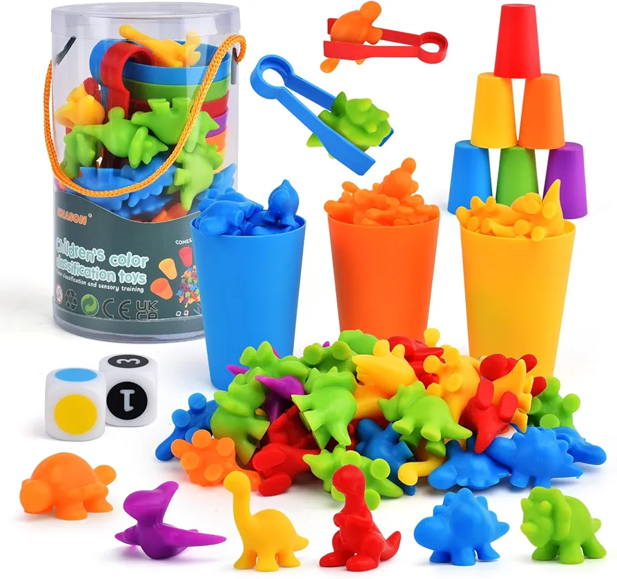 Upgraded Counting & Sorting Dinosaur Toys, Color Sorting Matching Dinosaur Game with Stacking Cups and Dice, Preschool Learning Montessori Sensory Toys for Toddlers Kids 3 4 5 Boys Girls