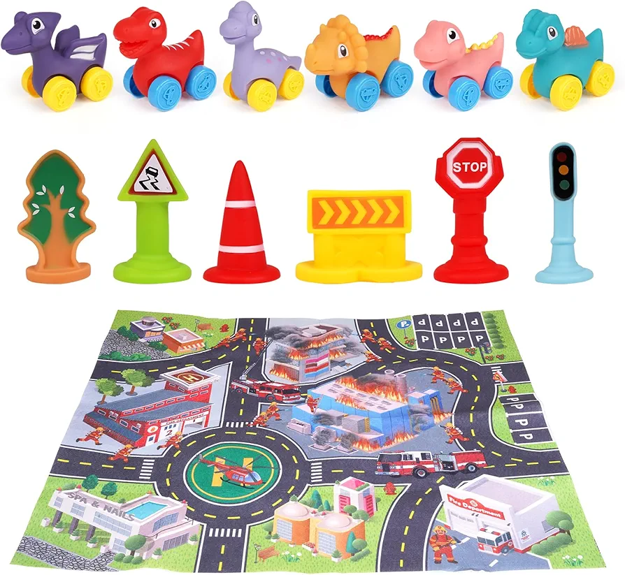 13 PCS Dinosaur Race Car Toys with Playmat Traffic Signs Learning for Toddlers Toy Trucks Vehicle Set Baby Soft Toddler Infant Car Toy Interactive Cartoon Dino Cars Gift for Boys and Girls