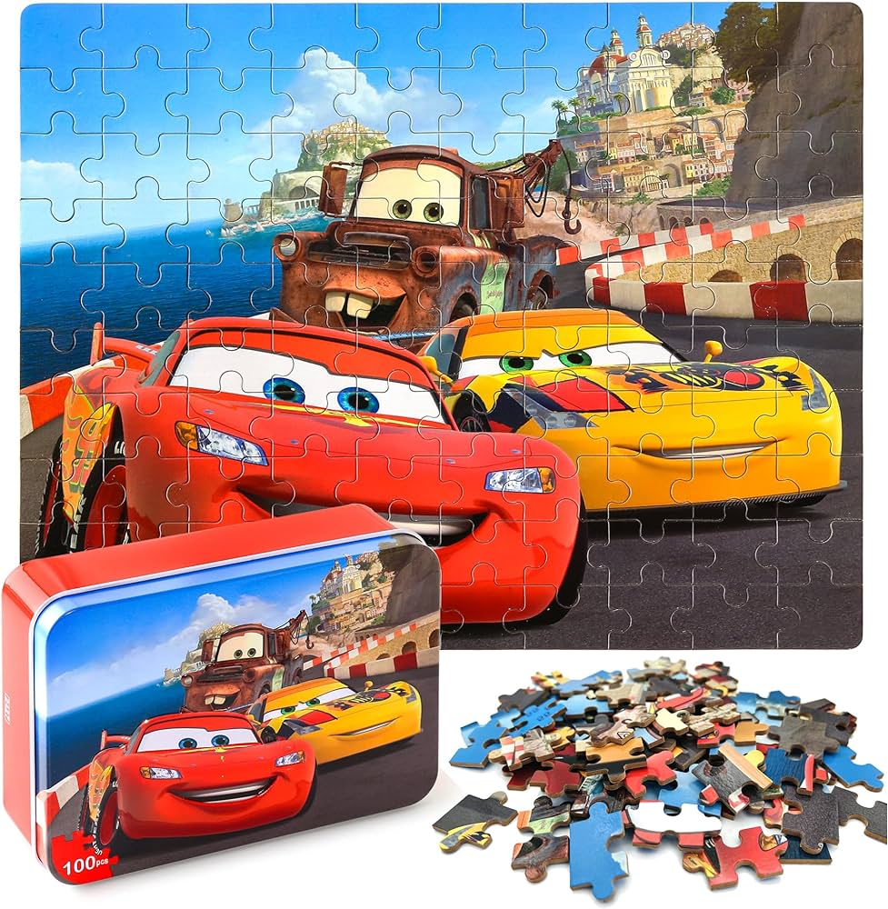 LELEMON Cars 100 Pieces Jigsaw Puzzles for Kids Ages 4-8 Lightning Puzzles in Metal Box, Children Learning Educational Puzzles for Boys and Girls