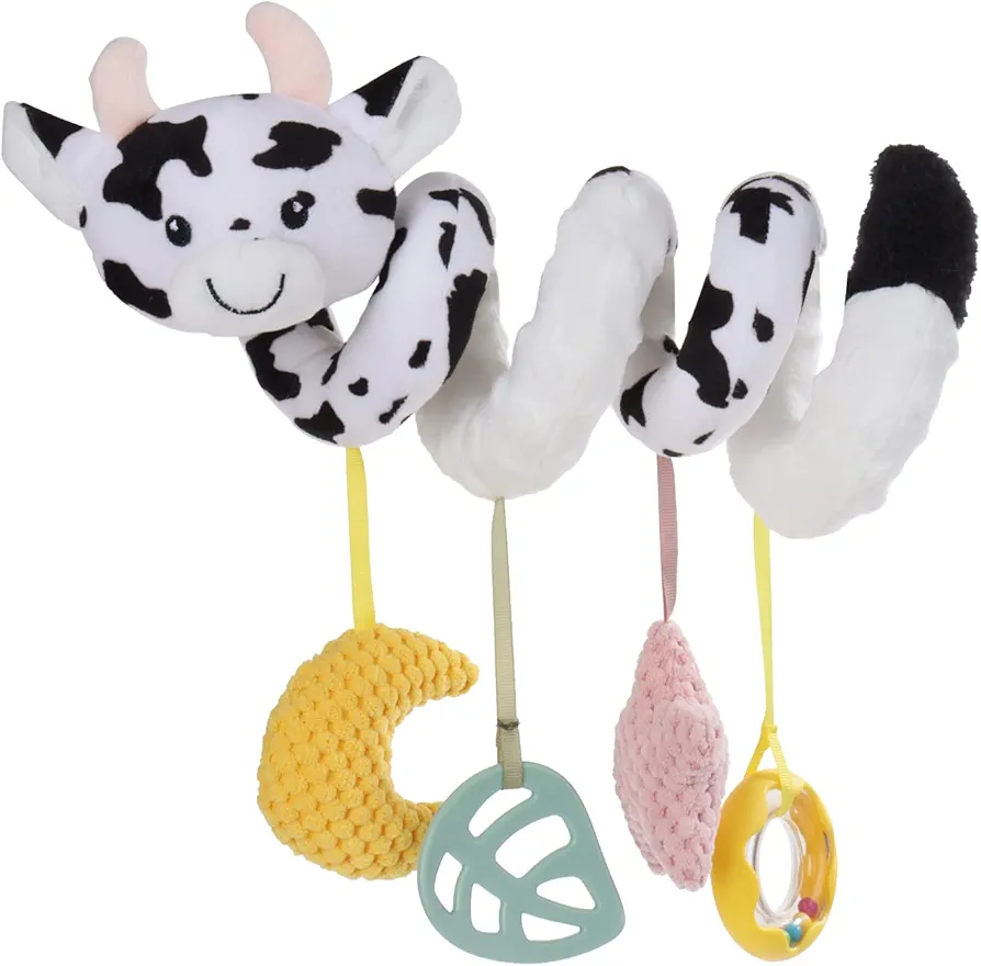 Apricot Lamb Baby Spiral Car Seat & Stroller Activity Toy, Features Plush Cow Character Hanging Rattles Toys, Gentle Rattle Sound & Soft Teether, 8-26 Inches