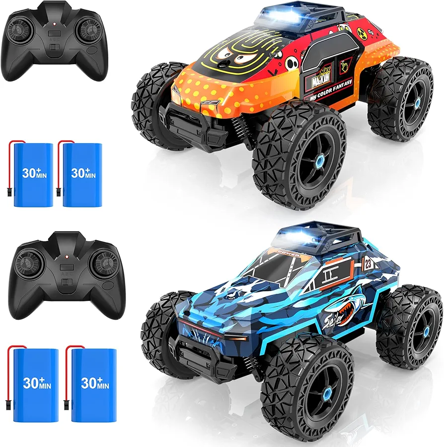 2 Remote Control Car for Kids, 1:20 RC Cars with Headlight, 25+kmh Radio Off-Road Vehicle, Electronic Monster Truck Hobby Grade Buggy for Children Boys Girls (Blue Car and Orange Car)