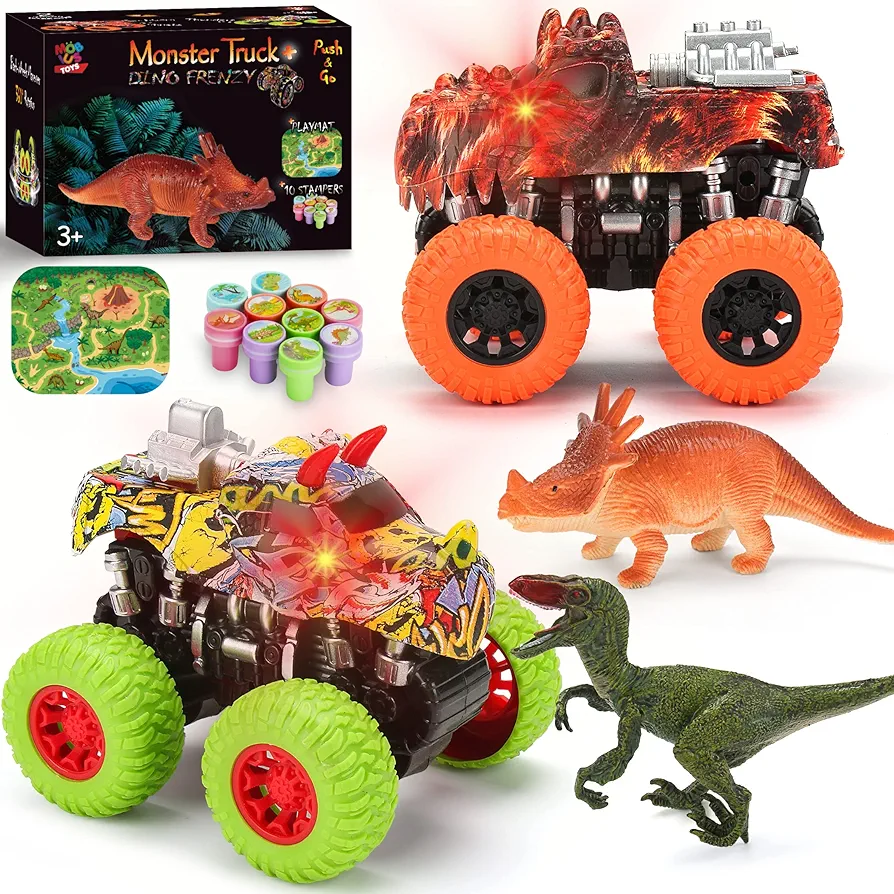 MOBIUS Toys Dinosaur Monster Trucks and Toy Dinosaurs for Boys and Girls - Pull Back Friction Power Dino Cars w/Lights, Sounds, 360° Rotation for Toddlers and Kids 3 4 5 6 7 Years Old