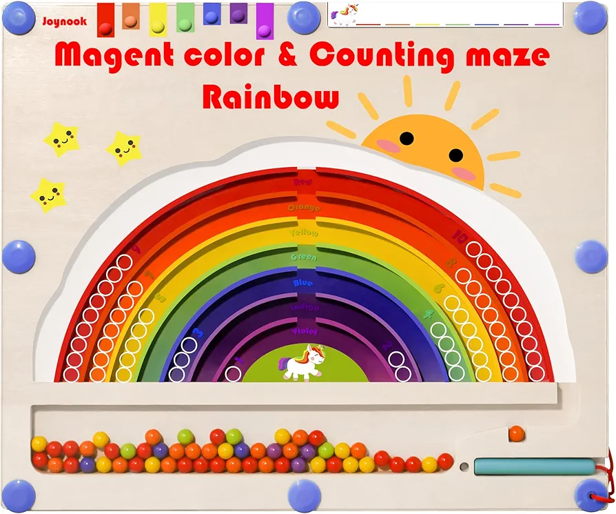 Rainbow Magnetic Color and Number Maze Puzzle Board -Toddler Fine Motor Skills Toys for Boys Girls,Education Toys for Preschool Learning Activities,Travel Toys Gifts for Toddler(Darker Wood)