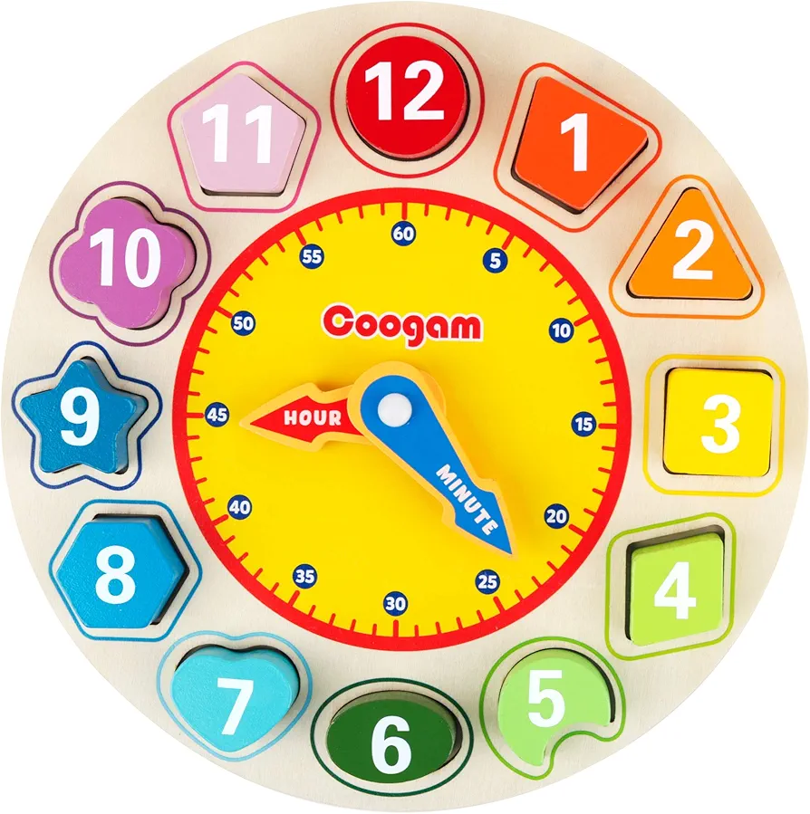 Coogam Wooden Shape Color Sorting Clock – Teaching Time Number Blocks Puzzle Stacking Sorter Jigsaw Montessori Early Learning Educational Toy Gift for Year Old Kids