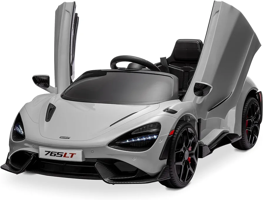 Kidzone 12V Licensed McLaren 765LT Kids Ride On Sports Car Electric Vehicle Vehicles with 2 Speeds, Parent Control, Smooth Start, Suspension, Hydraulic Doors & Hidden Training Wheels - Gray