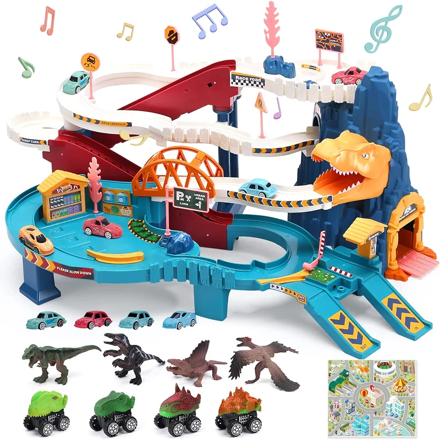 CUTE STONE Race Track Playset with 4 Mini Cars, 4 Dino Pull Back Cars, Dinosaur Figures, Educational Toy Vehicle Playset for 3-5 Year Old Kids