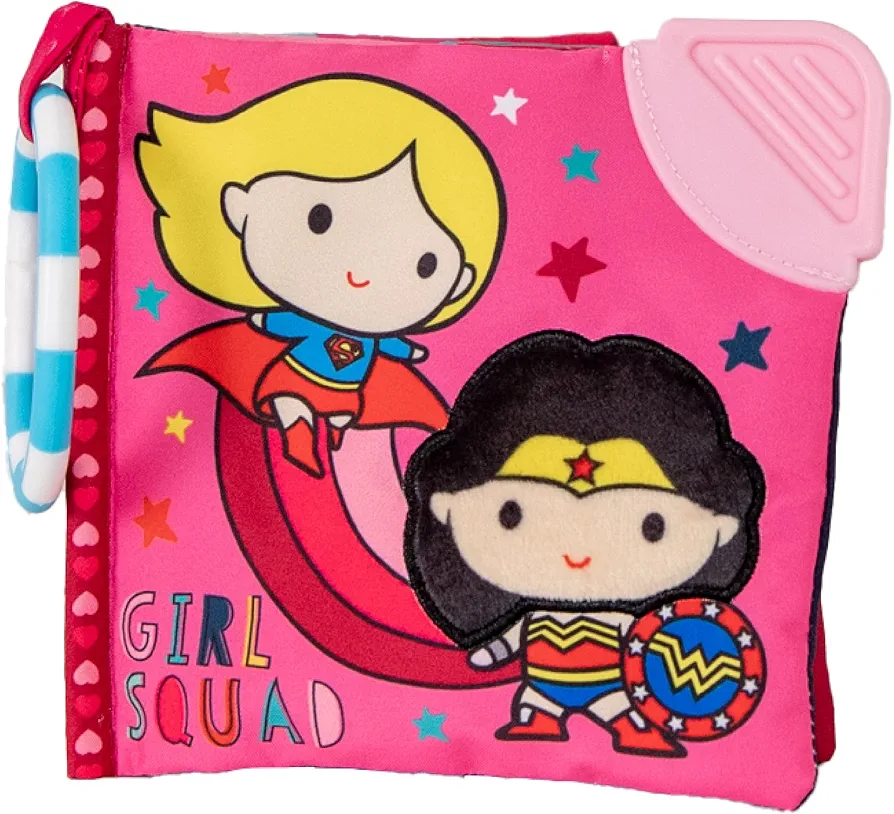 Warner Bros. DC Girl Squad 5 Inch Soft Book with On The Go Clip, Rattle, Crinkle Sound, Mirror, Slider, Teether, and Peek-A-Boo Flap for Babies and Toddlers First Book